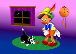 Disney's Pinocchio and his cat Figaro playing ball in the house
