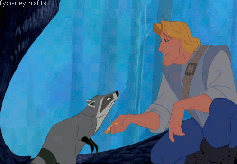 Disney's Pocahontas film character John Smith feeding Meeko the Raccoon